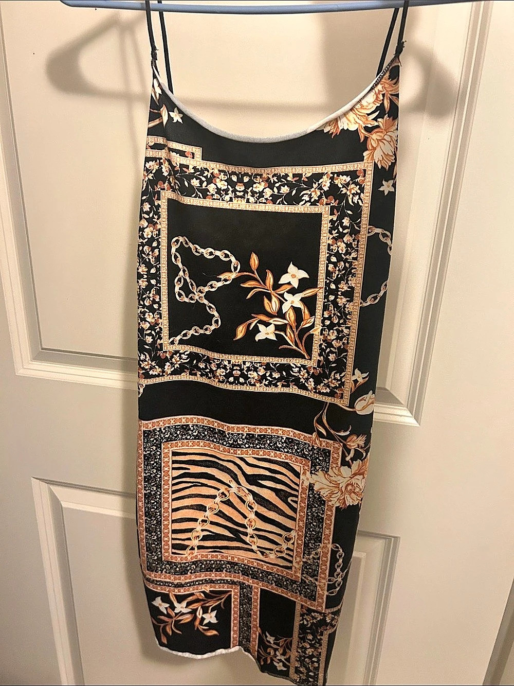 Women's Printed Cami Midi Dress in Black & Orange